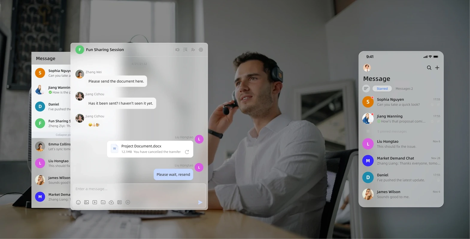 Customer service representative communicating through a headset at a computer